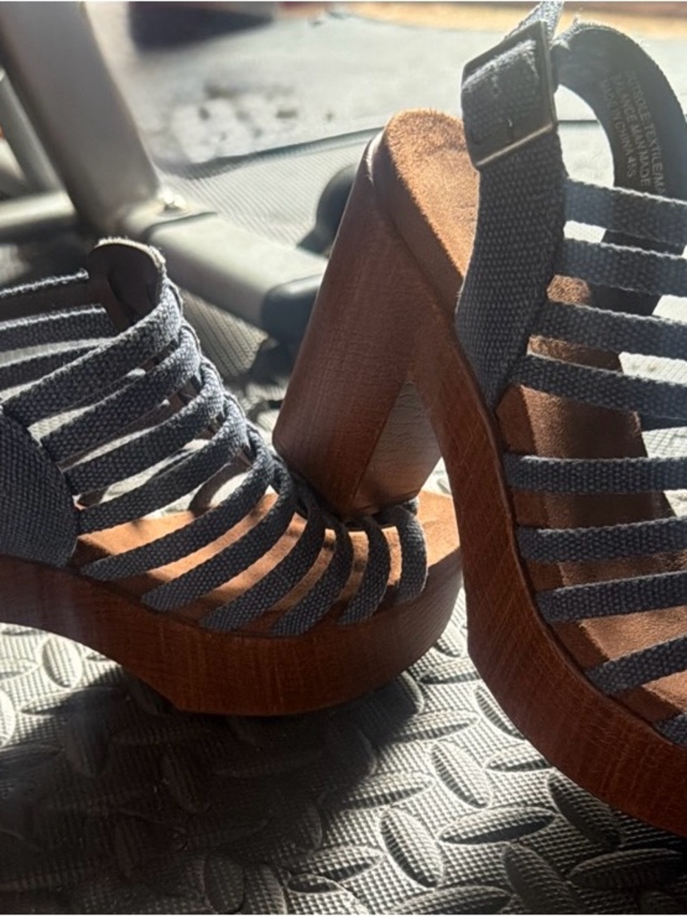 White Mountain Gray Strappy Platform Sandals with Wood-Tone Block Heel
